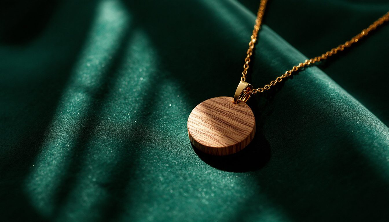 A raw teak pendant on a fine gold chain resting on forest-green velvet