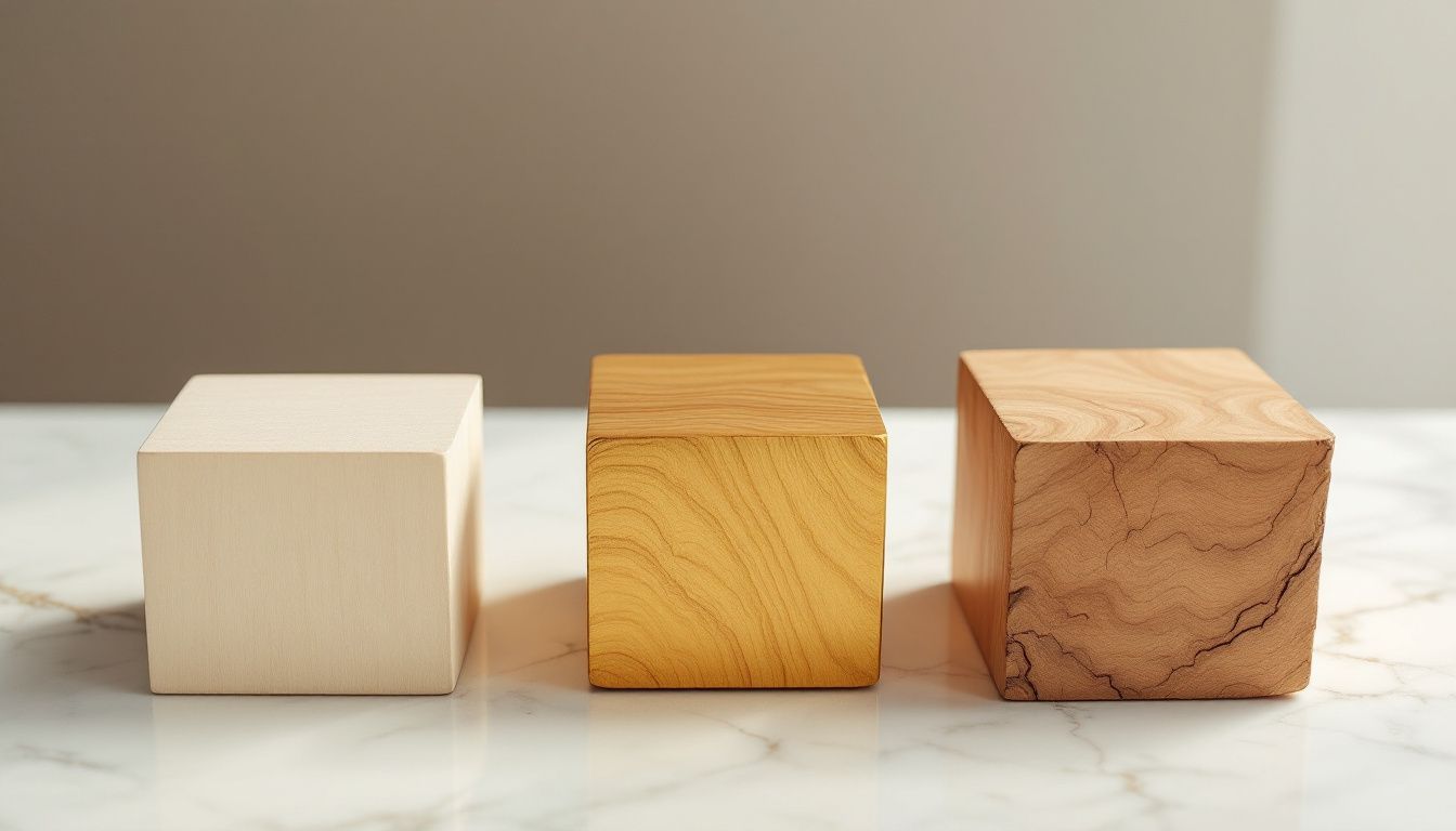 Three blocks: pale treated wood, polished teak and rough unpolished teak